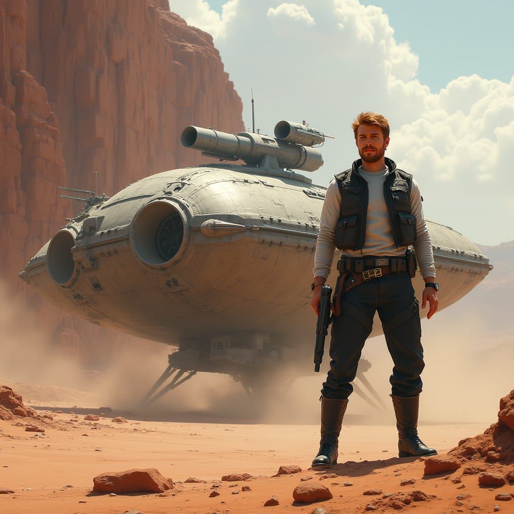 Man with Blaster in Star Wars-Style Landing Bay