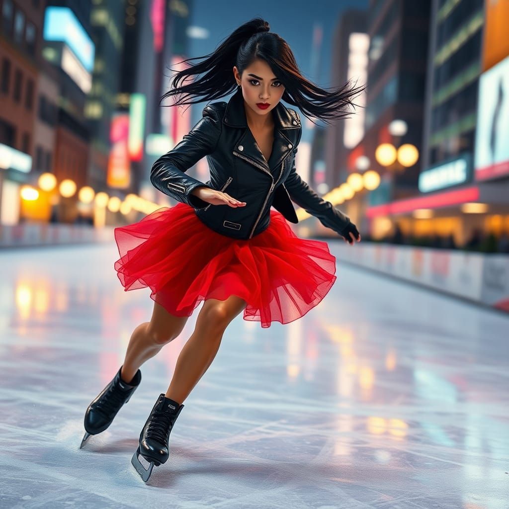Dynamic Skater in Red Tulle: Urban Fantasy Art