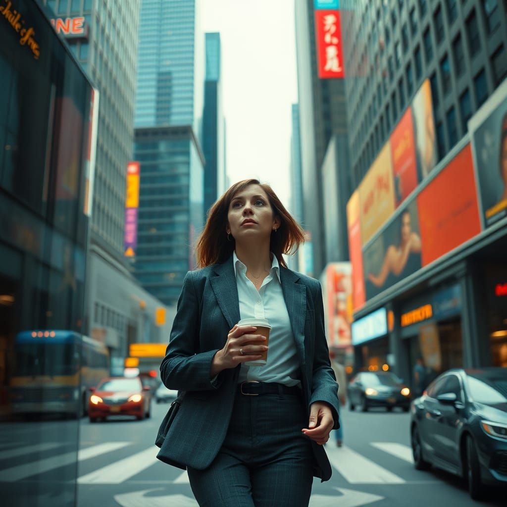 Woman Commuting in Hyperrealistic Sci-Fi Cityscape
