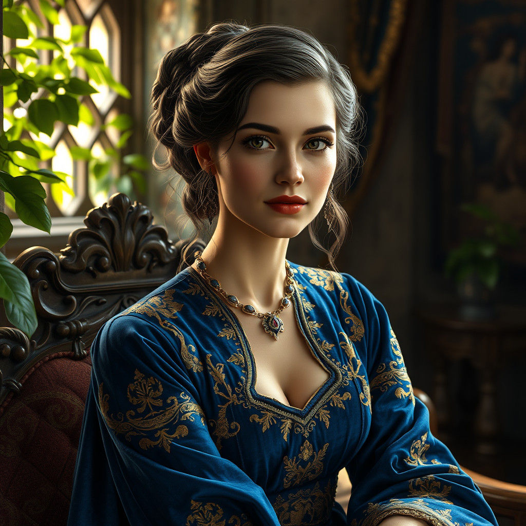 Medieval Lady in Blue Velvet Gown, Pre-Raphaelite Portrait