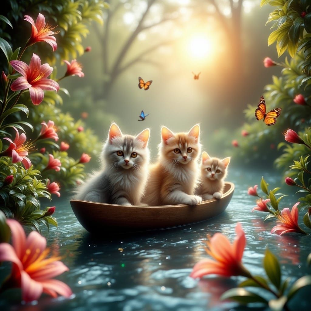 Kittens' River Journey in Abstract Fractal Style