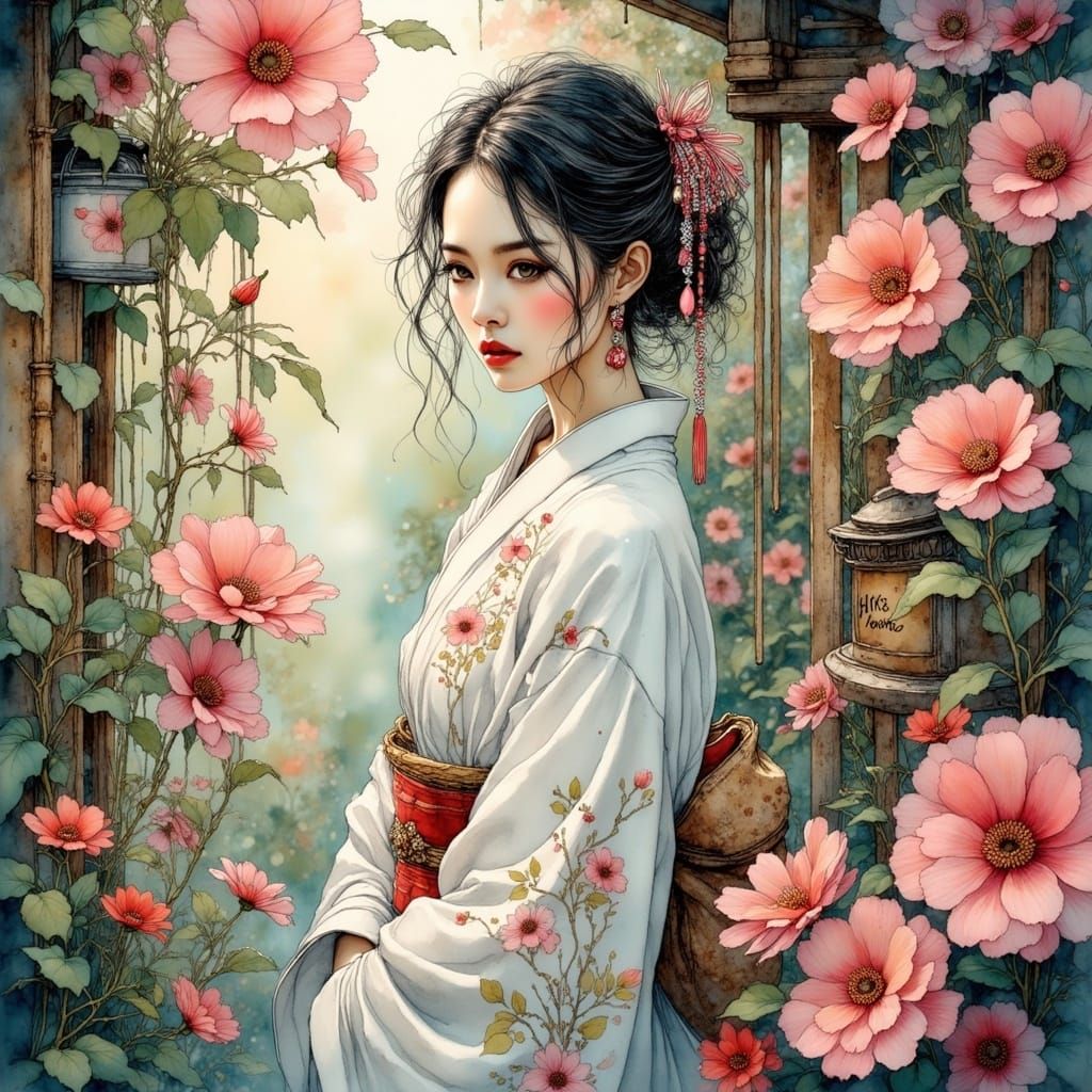 Serenely Contemplative Japanese Girl in Dreamlike Landscape