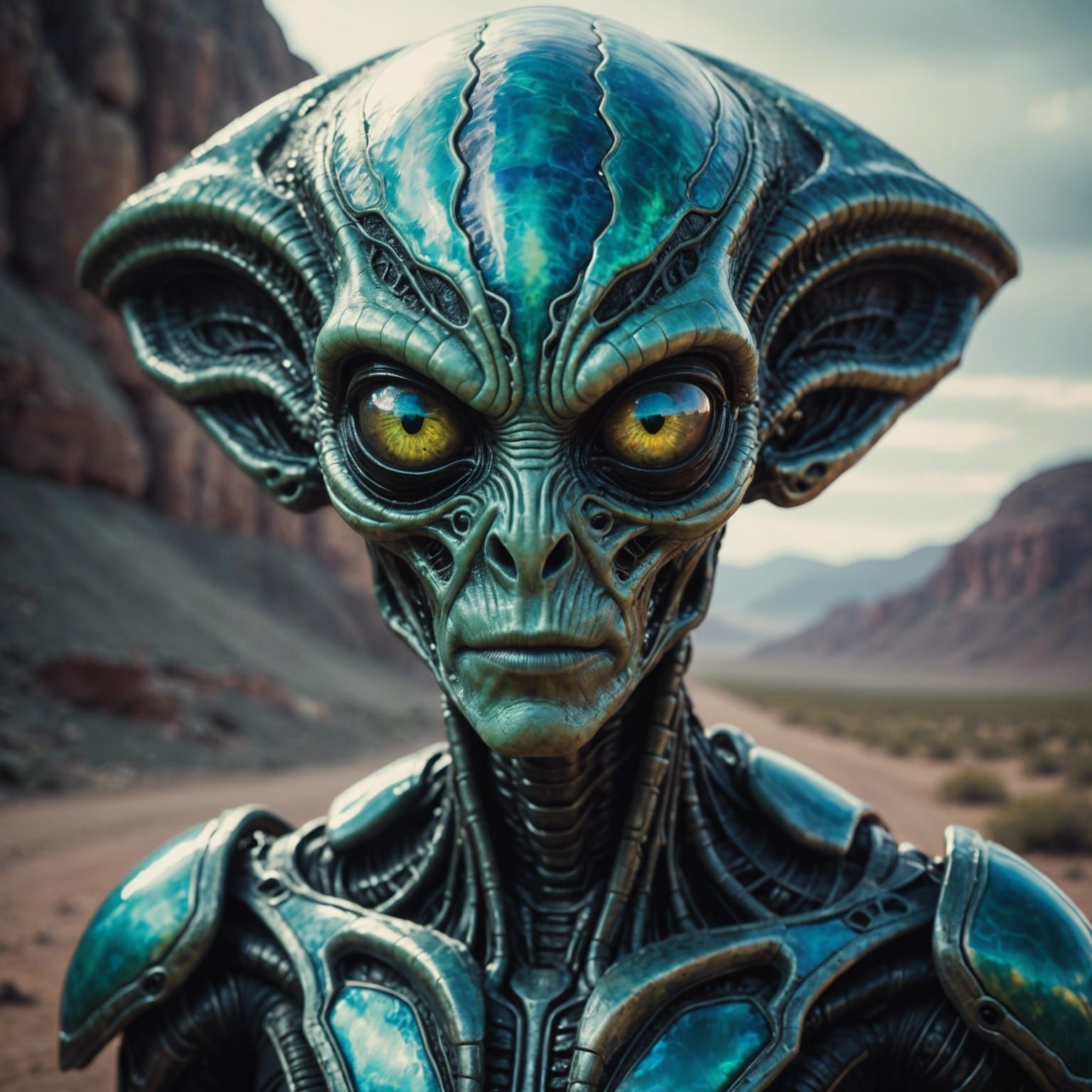 Alien Humanoid with Opal Eyes: Cinematic Film Still