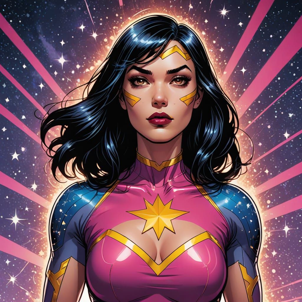 Grey Female Superhero in Pink Cosmic Background