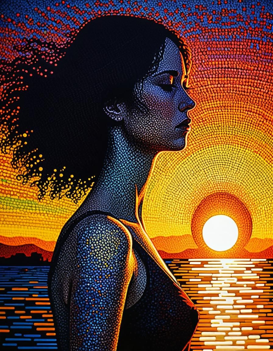 Woman at Sunset in Kinetic Pointillism Style