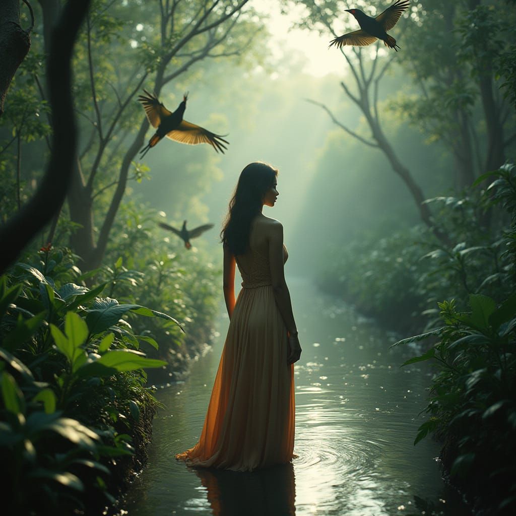 Cinematic Garden Scene with Exotic Birds