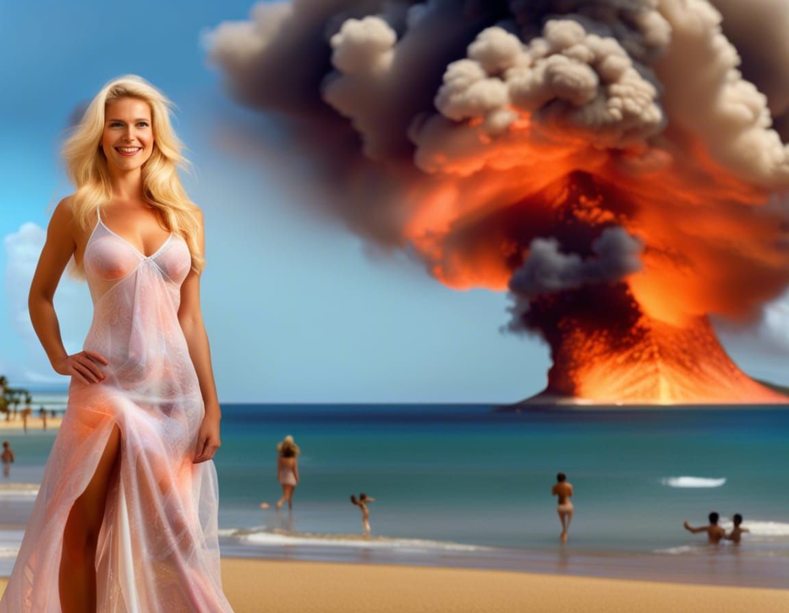 Goddess on Waikiki Beach with Volcanic Eruption