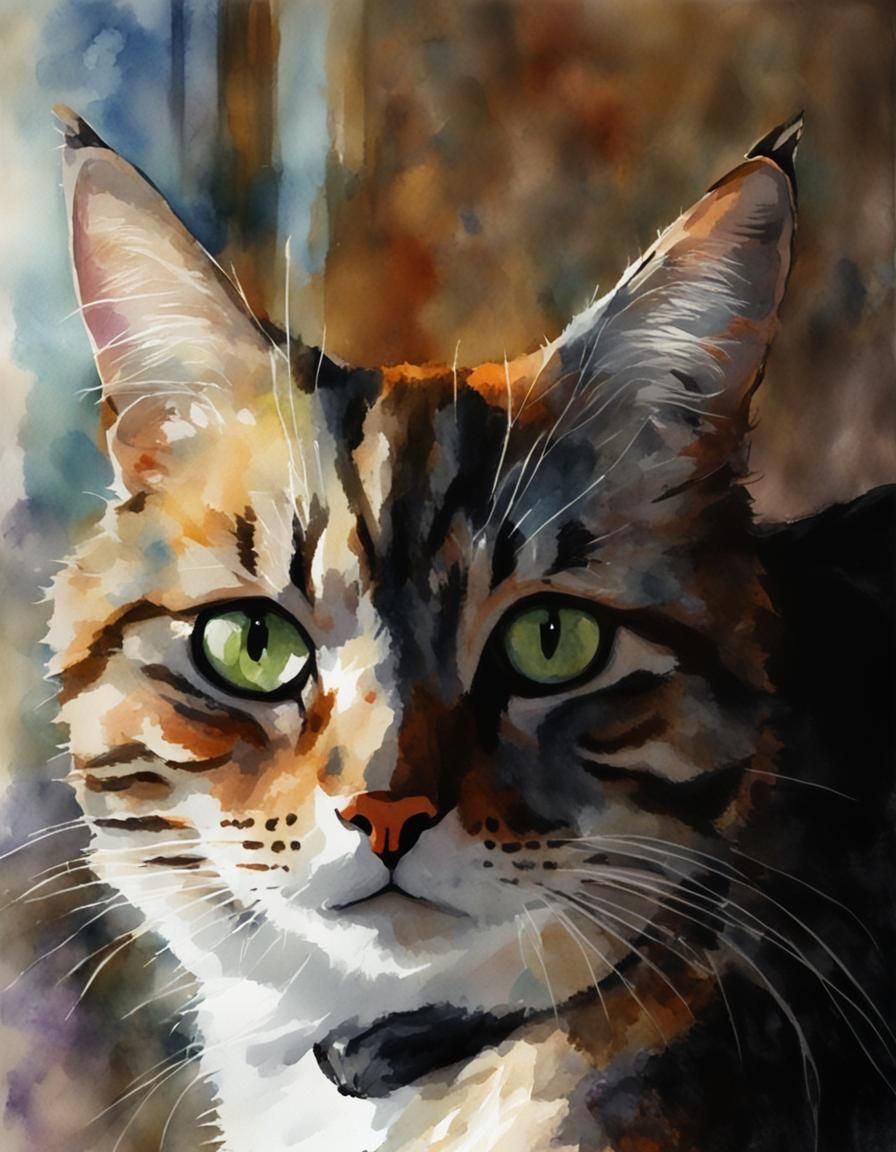 Watercolor Tabby Cat with Butterfly and Wildflowers