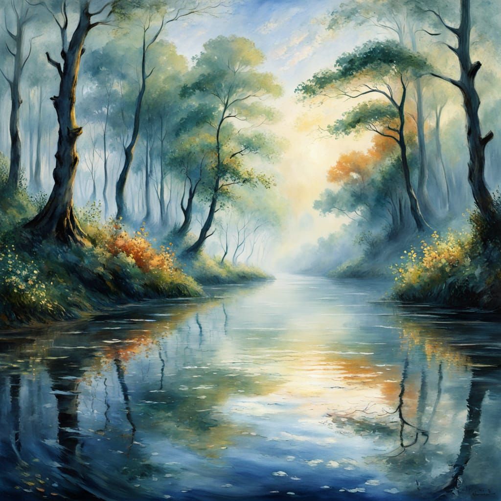 Ethereal Watercolor Landscape with Mystical Waterway