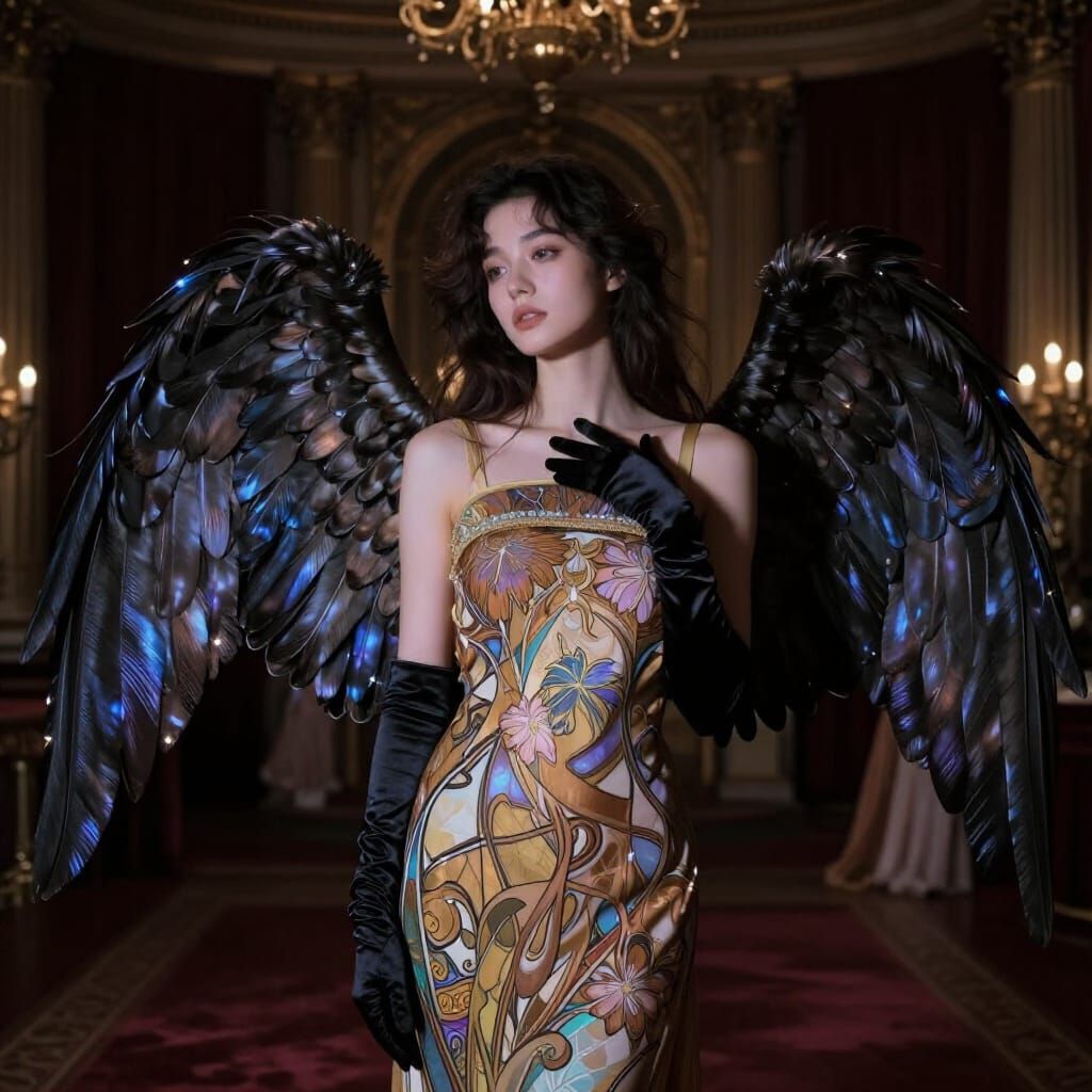 Angelic Woman in Opulent Ballroom