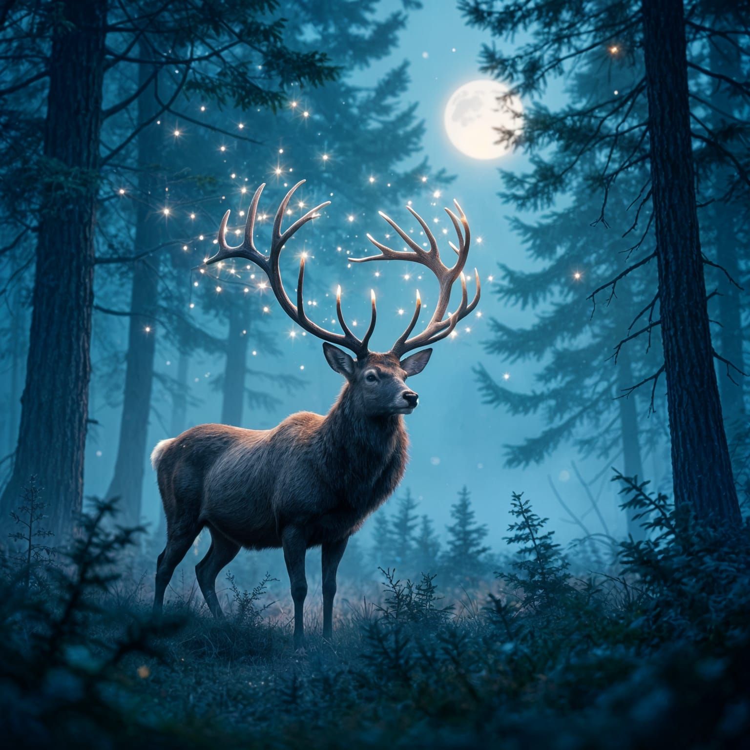 Stag with Constellation Antlers in Misty Forest