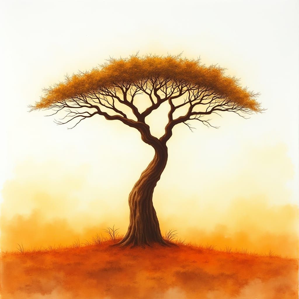 Surreal Baobab Tree Rises from Sun-Scorched Savanna in Water...