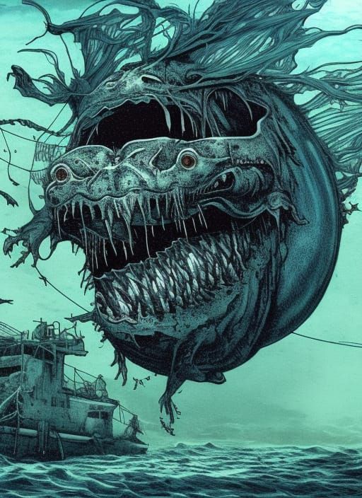 Undead Anglerfish in Contaminated Sea: Copper Engraving