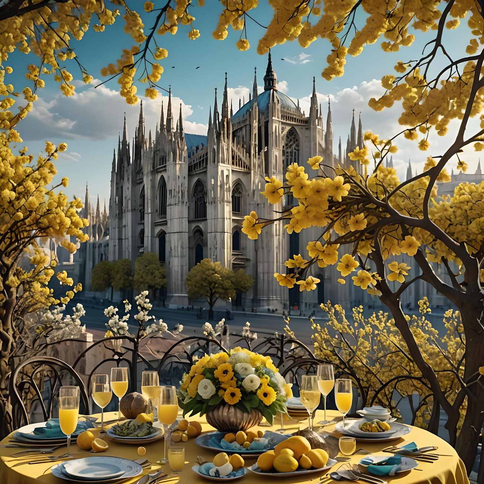 Milan Cathedral View with Wisteria in Matte Painting