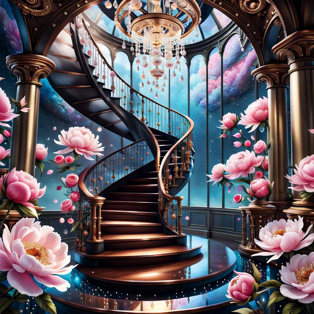 Fantasy Steampunk Staircase with Floating Flowers