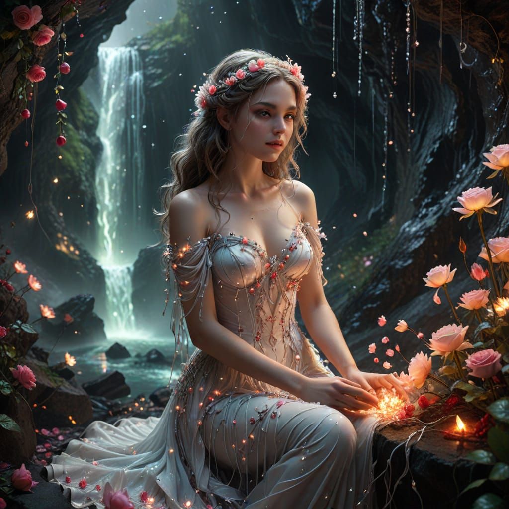 Fairy with Rosebuds in Sparkling Cave