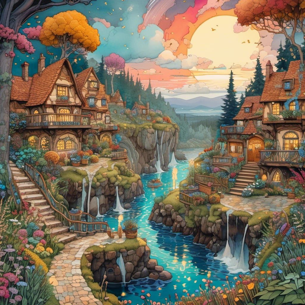 Chaotic Bluemoonscape Watercolor Painting by Waterhouse