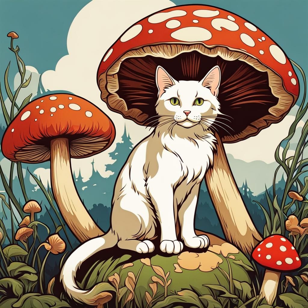 Cat on Mushroom in Mucha Style