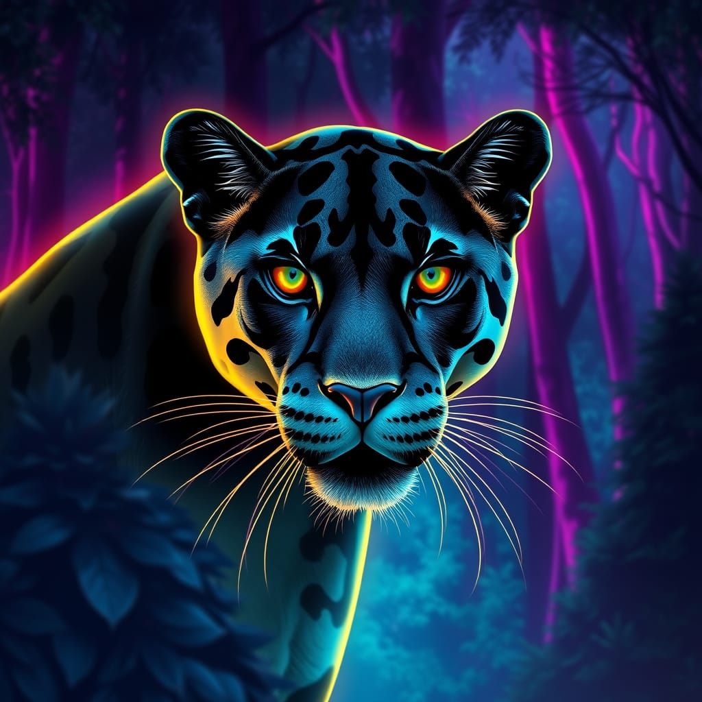 Black Panther in Neon Forest Landscape