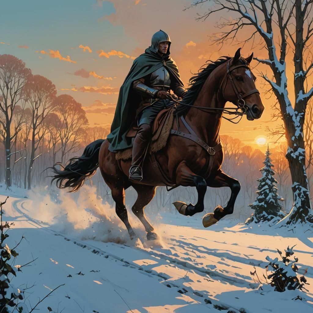 Horseback Rider Leaping Through Winter Forest