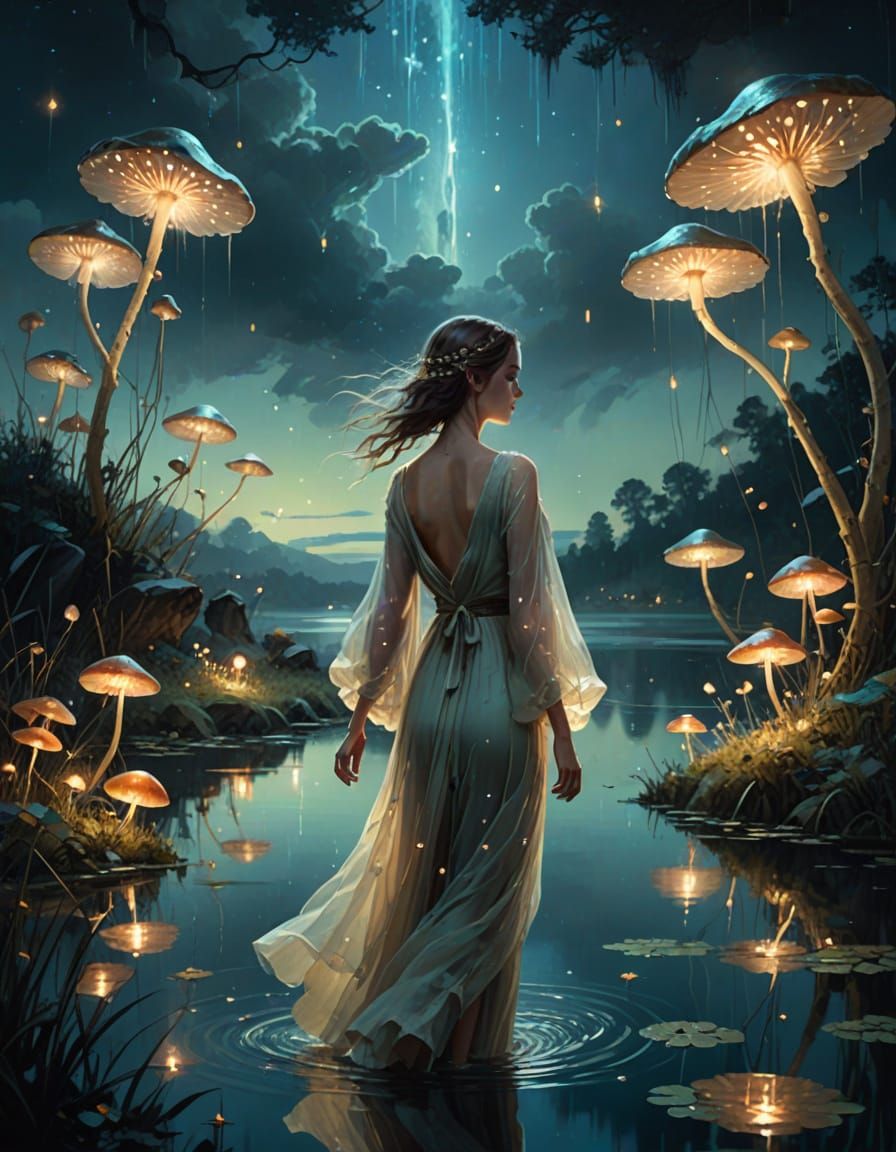 Whimsical Fantasy Scene Under Starlit Galactic Sky