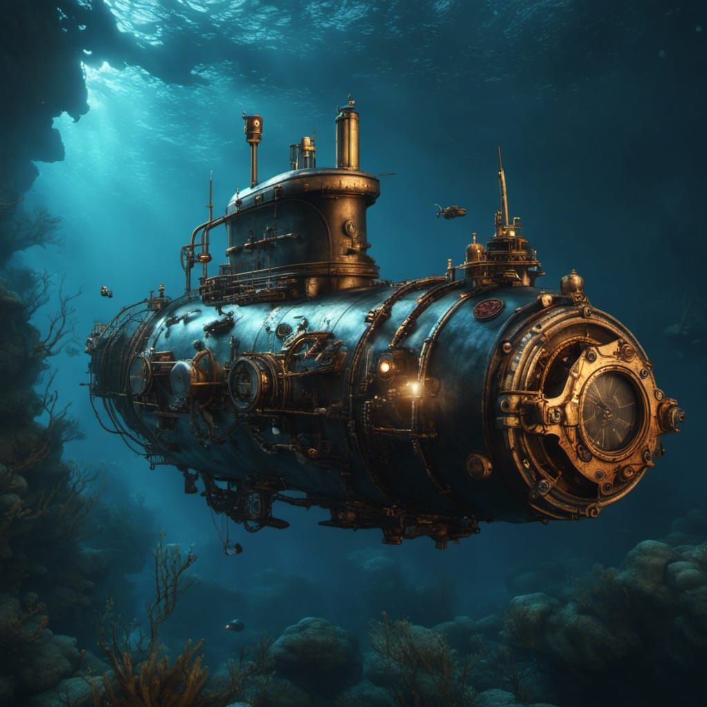 Steampunk Submarine in Fantastical Deep Ocean