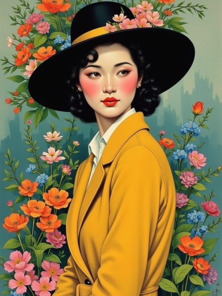 Serene Woman in Vintage Japanese Impressionistic Portrait