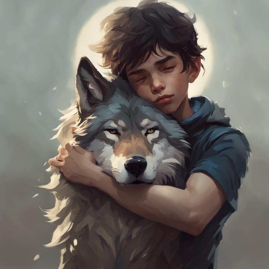 Boy hugging wolf 2.0