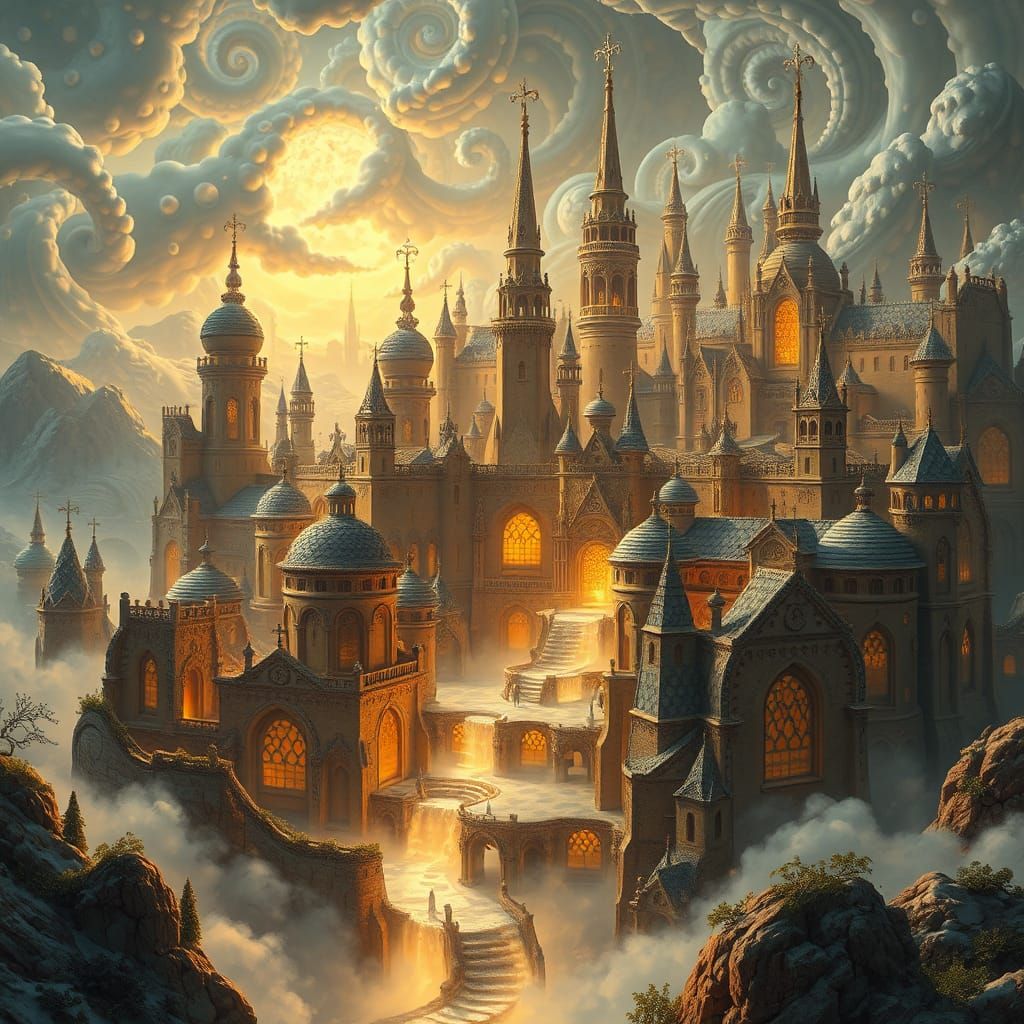 Majestic Cheese Cityscape in Dreamlike Style