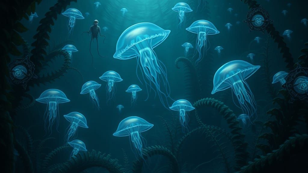 Bioluminescent Jellyfish in Deep-Sea Kelp Forest