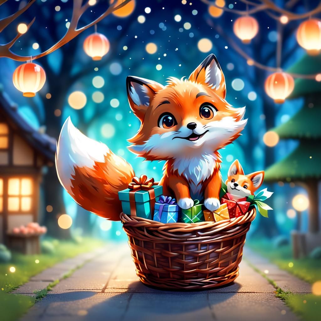 Cute Chibi Fox with Gift Basket, Ghibli Style