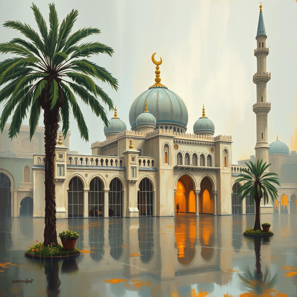 Egyptian Mosque in Rainy Impressionistic Style