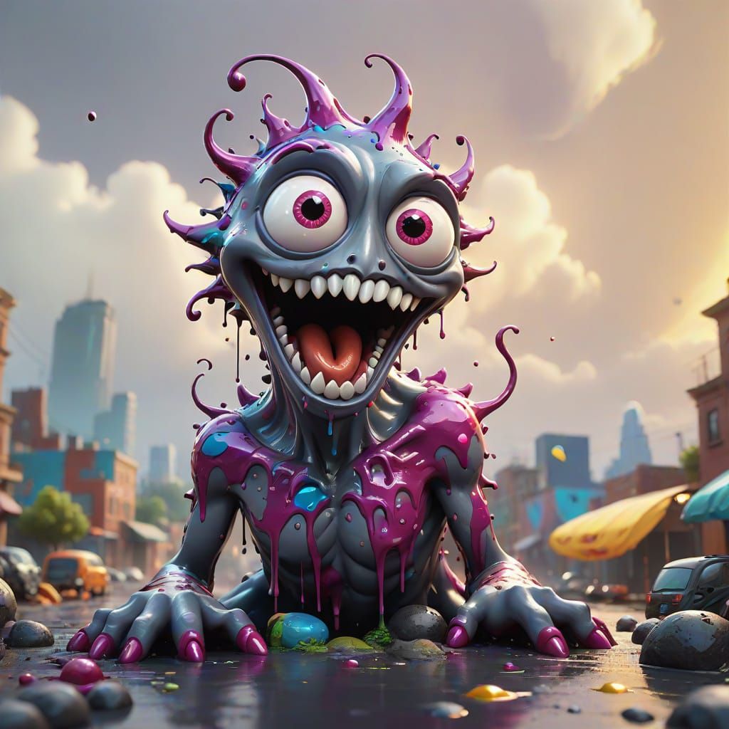 Surreal Gray Berry Monster in a Vibrant, Melting Environment