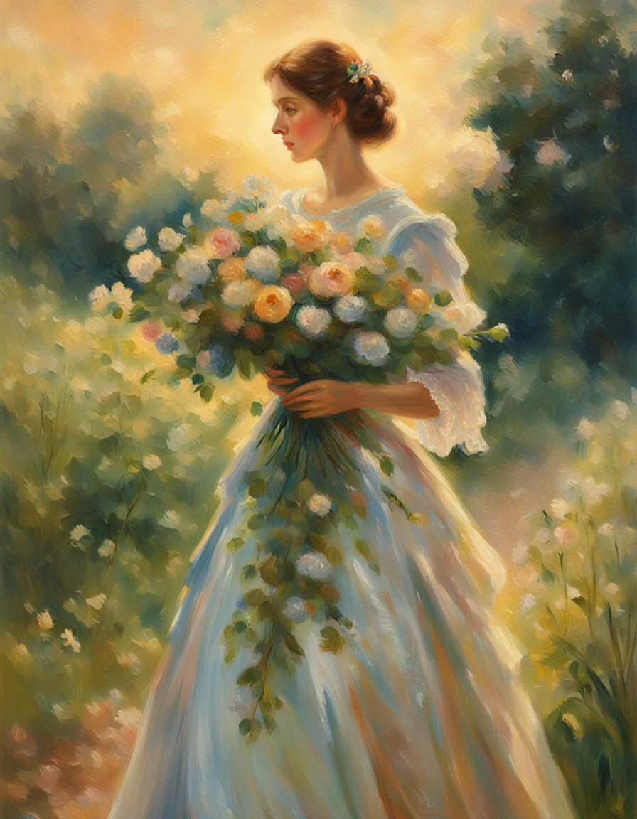Victorian Woman with Flowers: Impressionistic Oil Painting