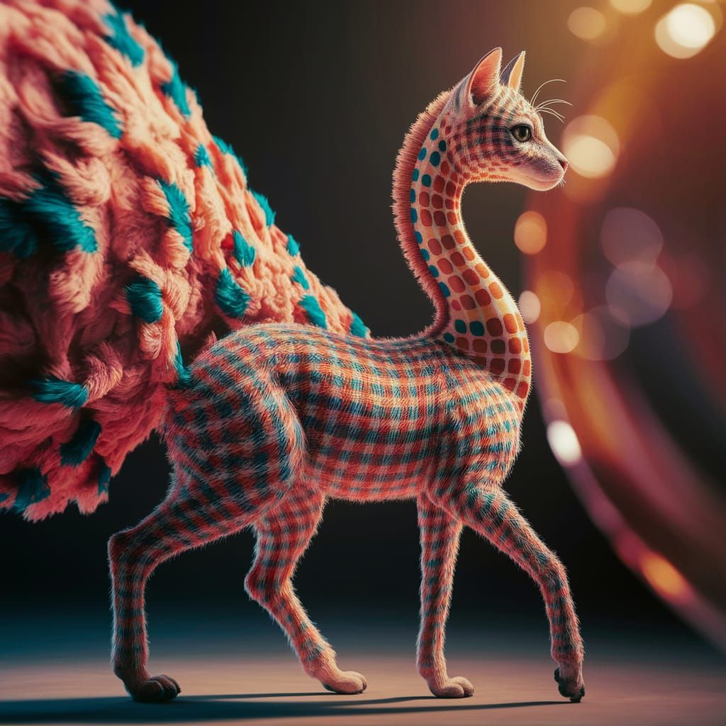 Surreal Gingham Cat-Giraffe in Hyperrealistic Photograph