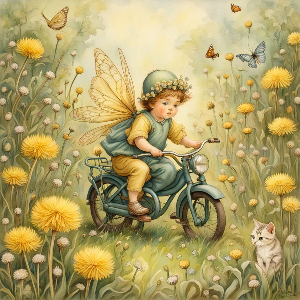 Fairy on Cat in Dandelion Garden, Illustration