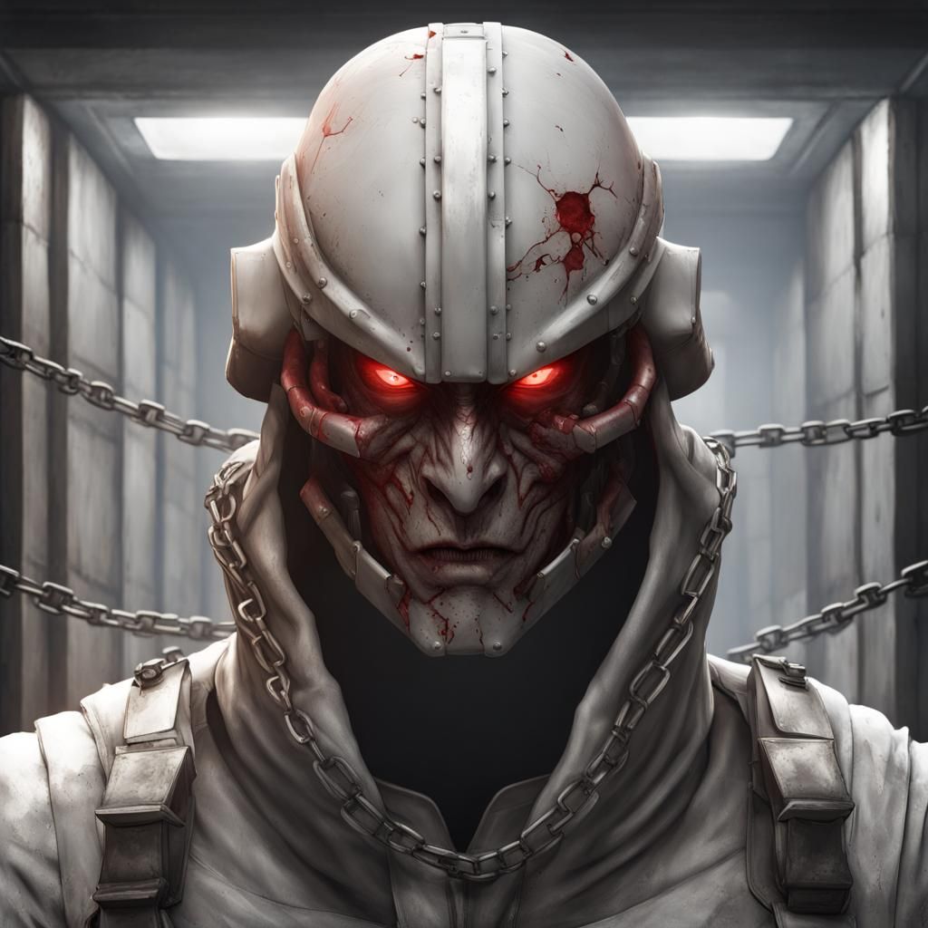 Terrifying Armored Figure in Dark Cell: 8k Concept Art