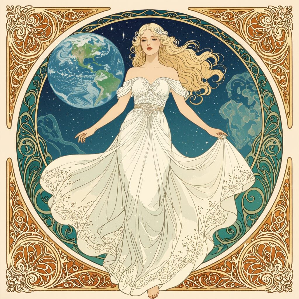 Ethereal Woman in Art Nouveau Space Scene