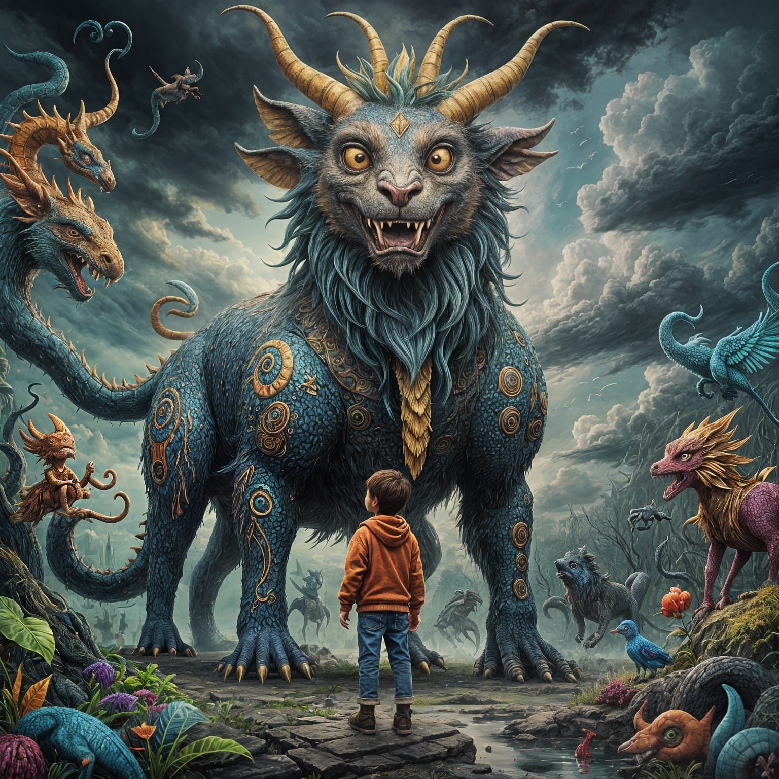 A painting of a little boy on a dark cloudy background , tal...