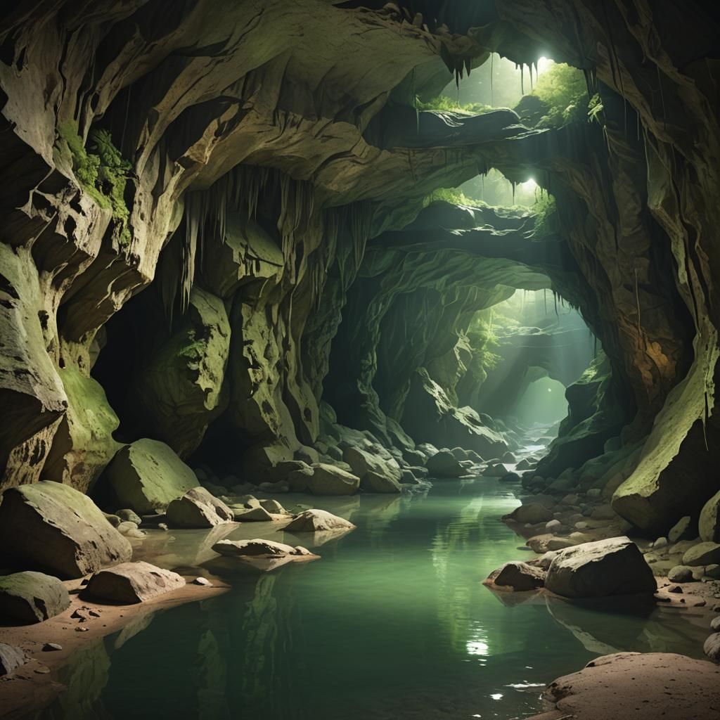 Photorealistic Underground River in Vast Cavern