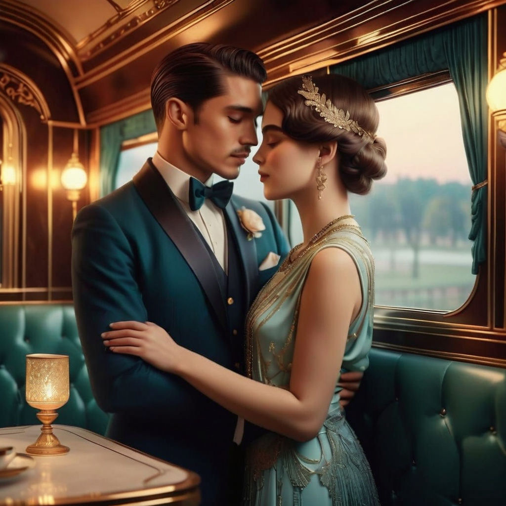 Glamorous 1920s Lovers in Art Deco Luxury Train Compartment