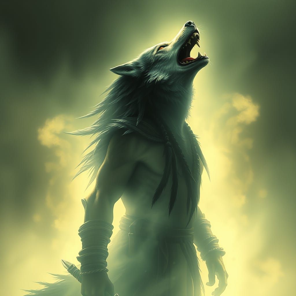 Ethereal Wolf Warrior Howling in Fog