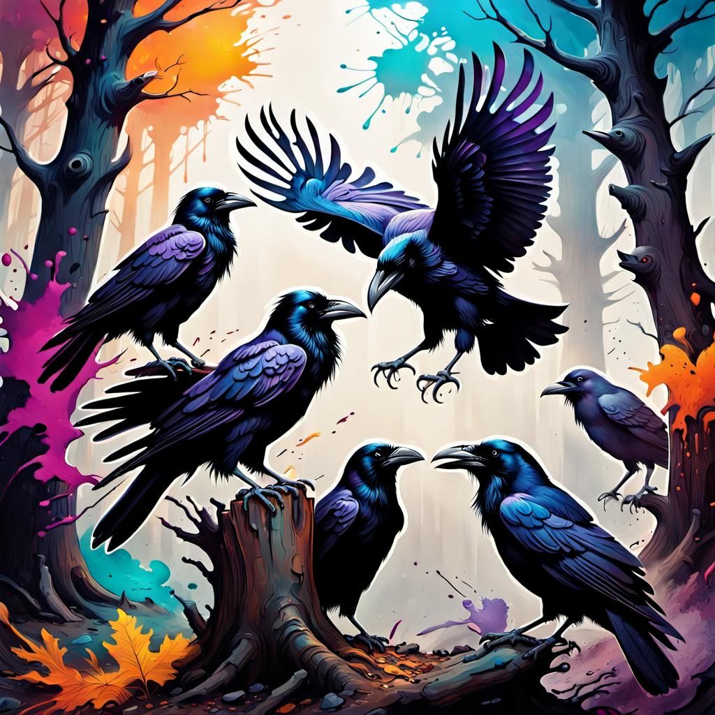 Ravens Encircle Ancient Woodland: Hyperrealistic Splash Art