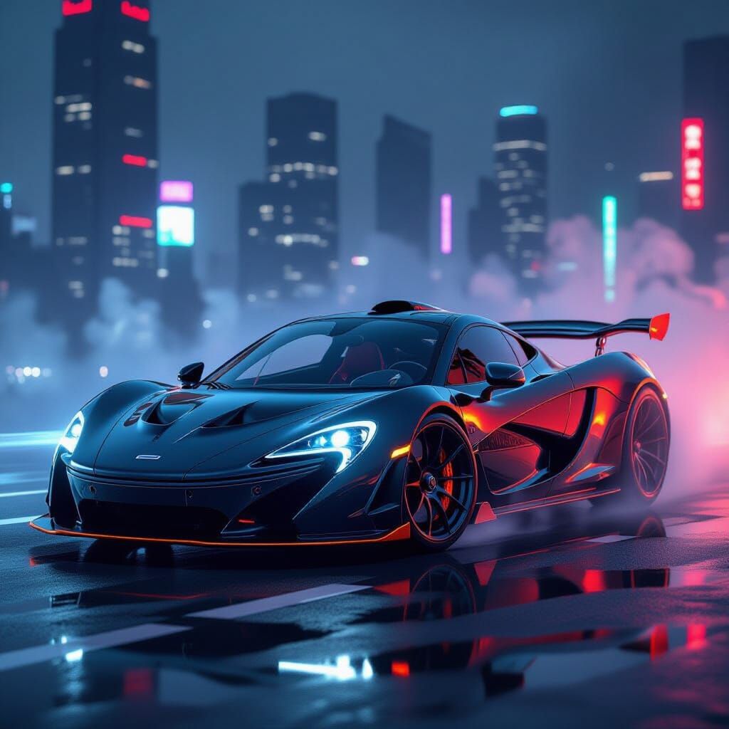 Sleek McLaren P1 in Futuristic Neon Cityscape