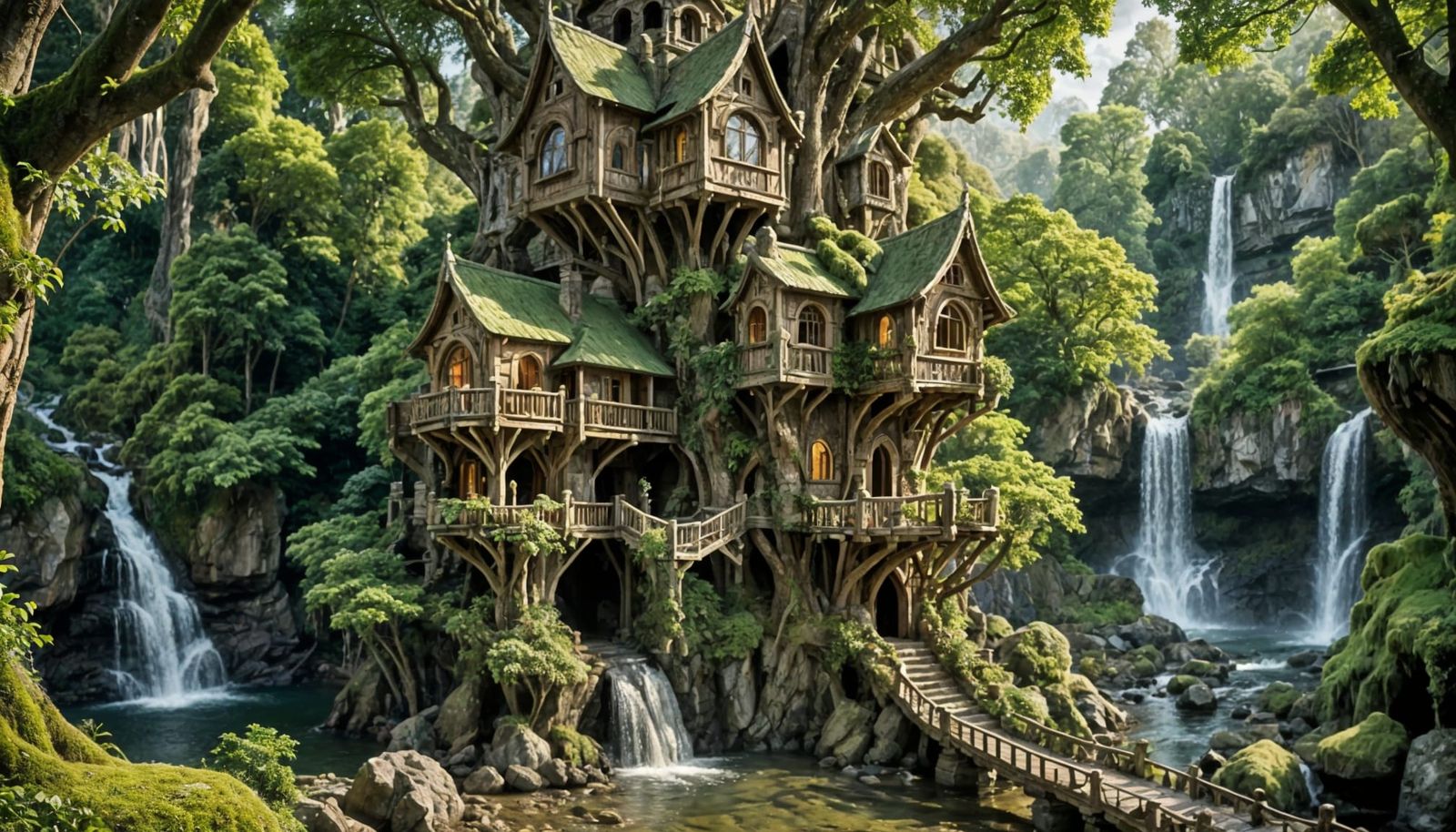 Enchanted Elven Castle Treehouse Amidst a Serene Waterfall
