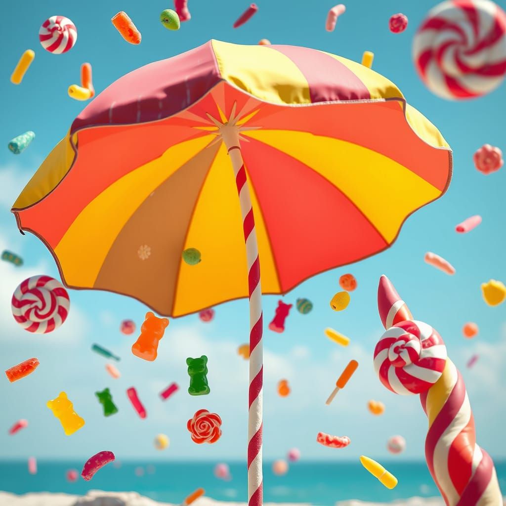 Beach Umbrella Rains Candies in Surreal Digital Art Style
