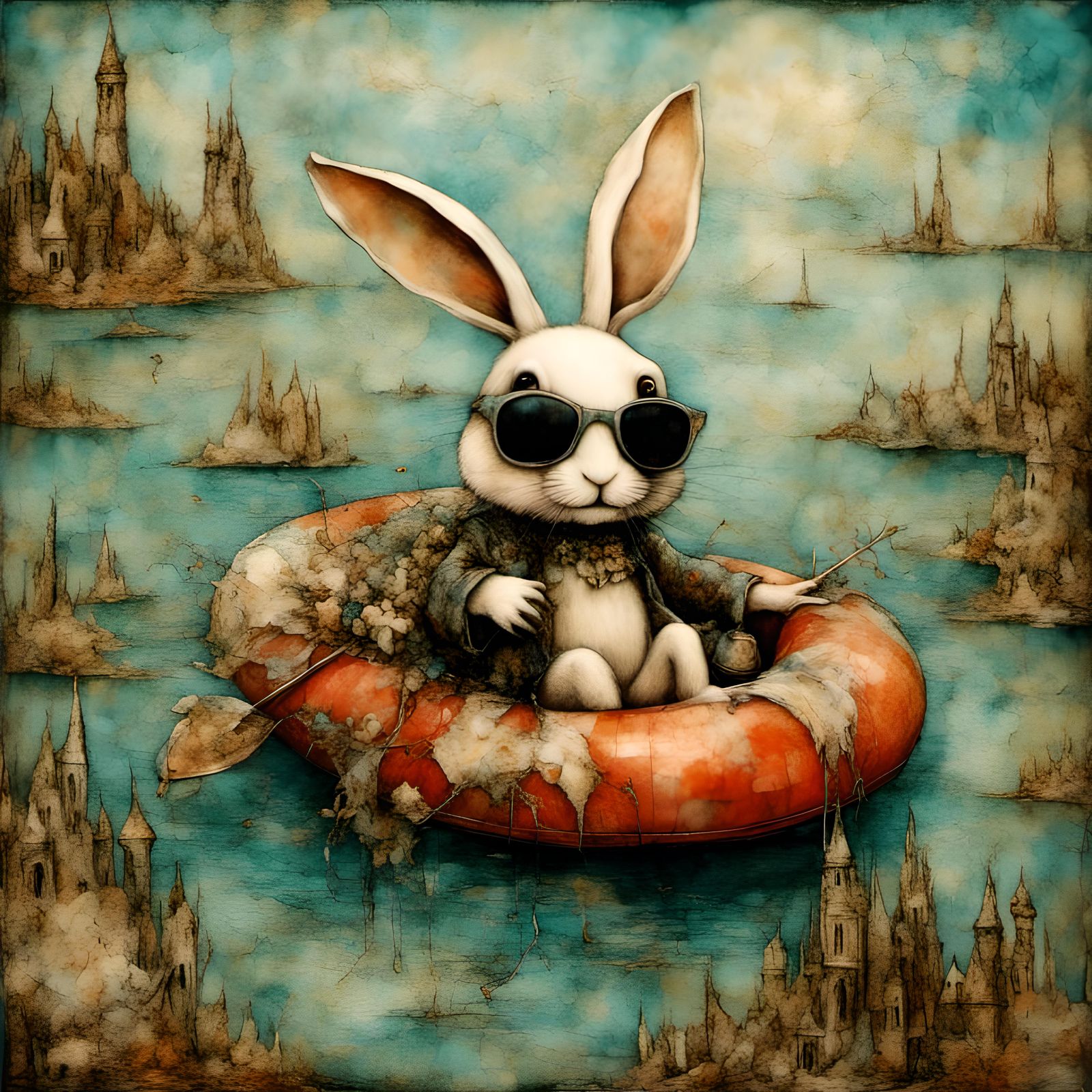 Whimsical Encaustic Bunny in Swan Floatie