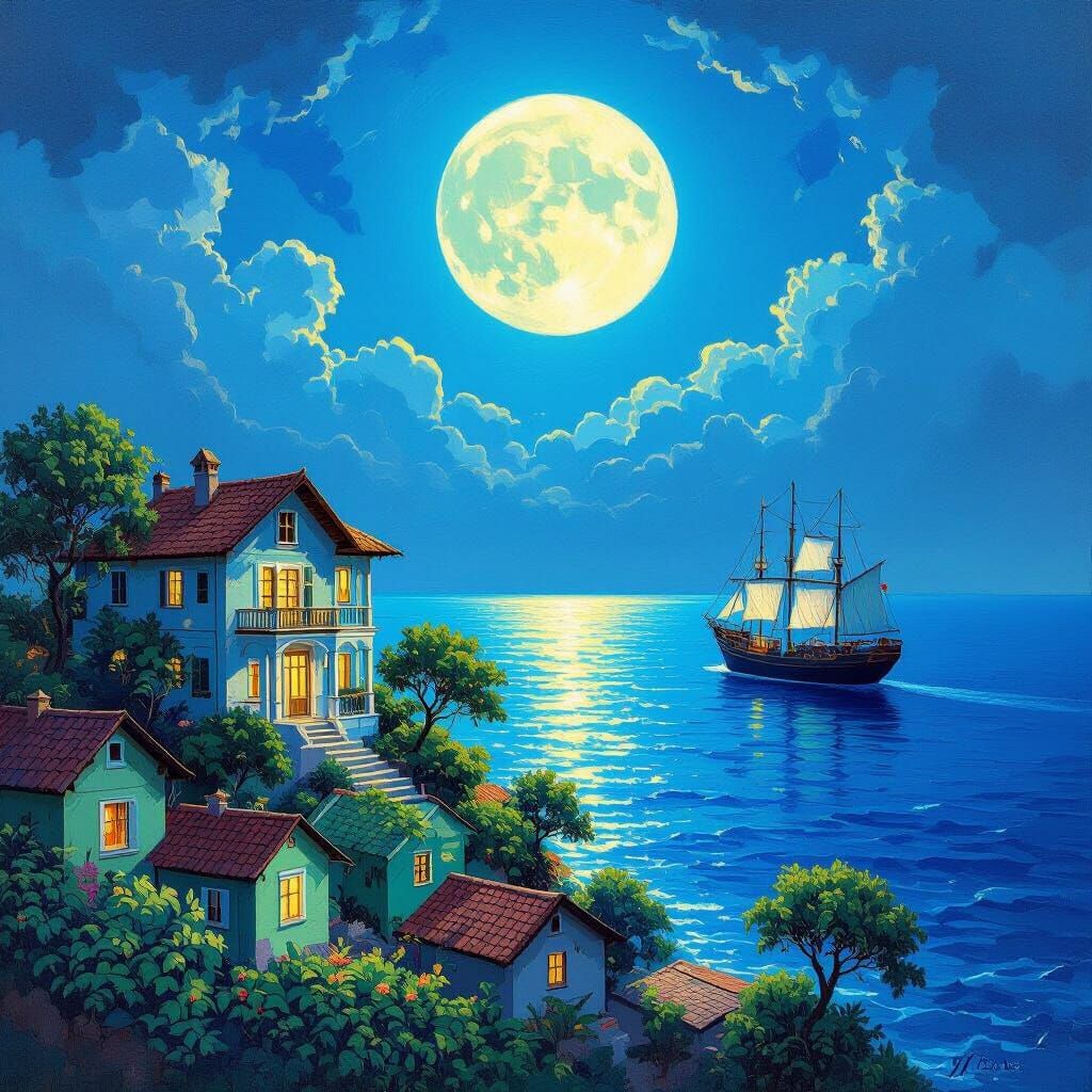 Moonlit Coastal Village with Ship, Grand Oil Painting