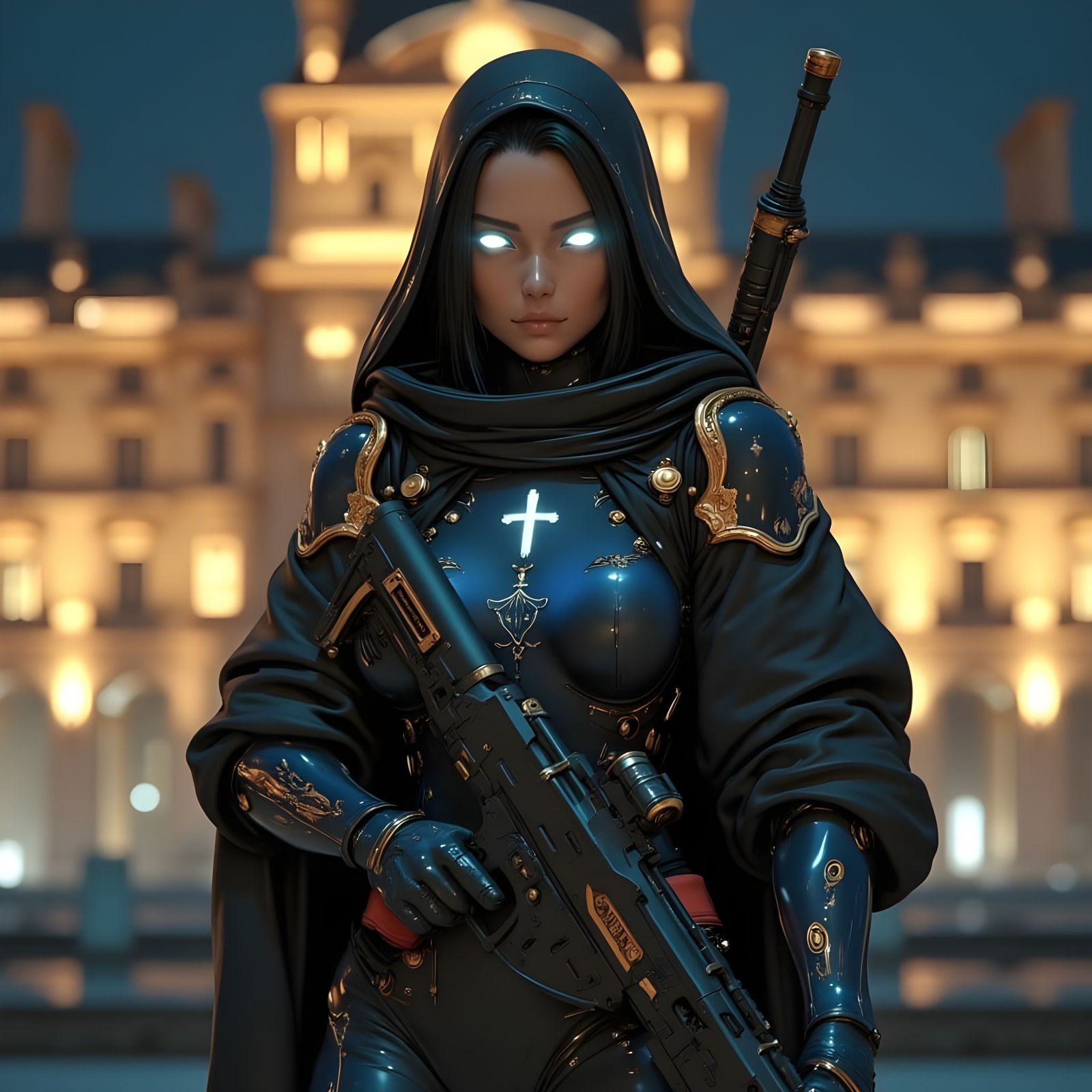 Cyberpunk Nun Wields Famas Rifle in Front of Louvre at Night