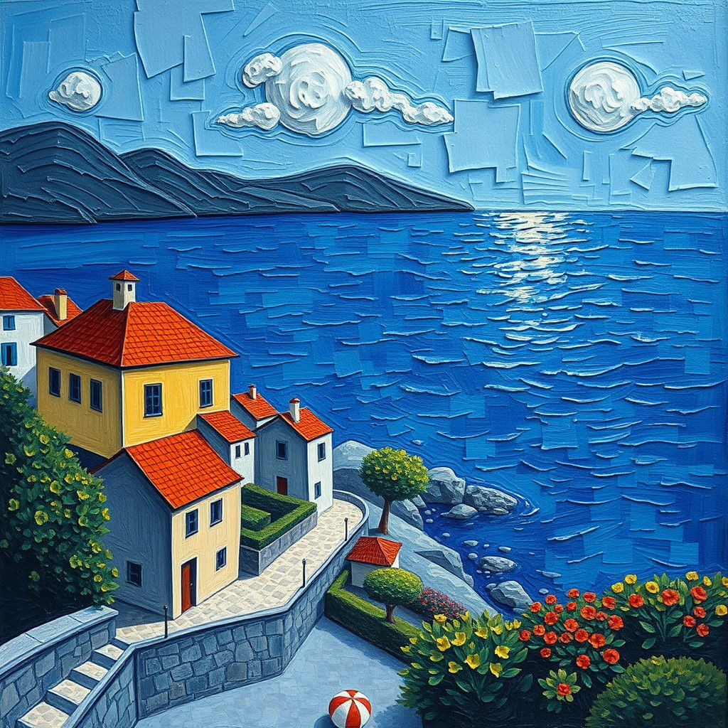 Nostalgic Seaside Village in Surreal Impasto Painting